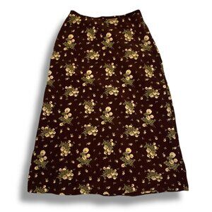 Vintage Y2K Floral A-Line Midi Skirt Sz 14 Dark Brown Yellow Flowers Cottagecore